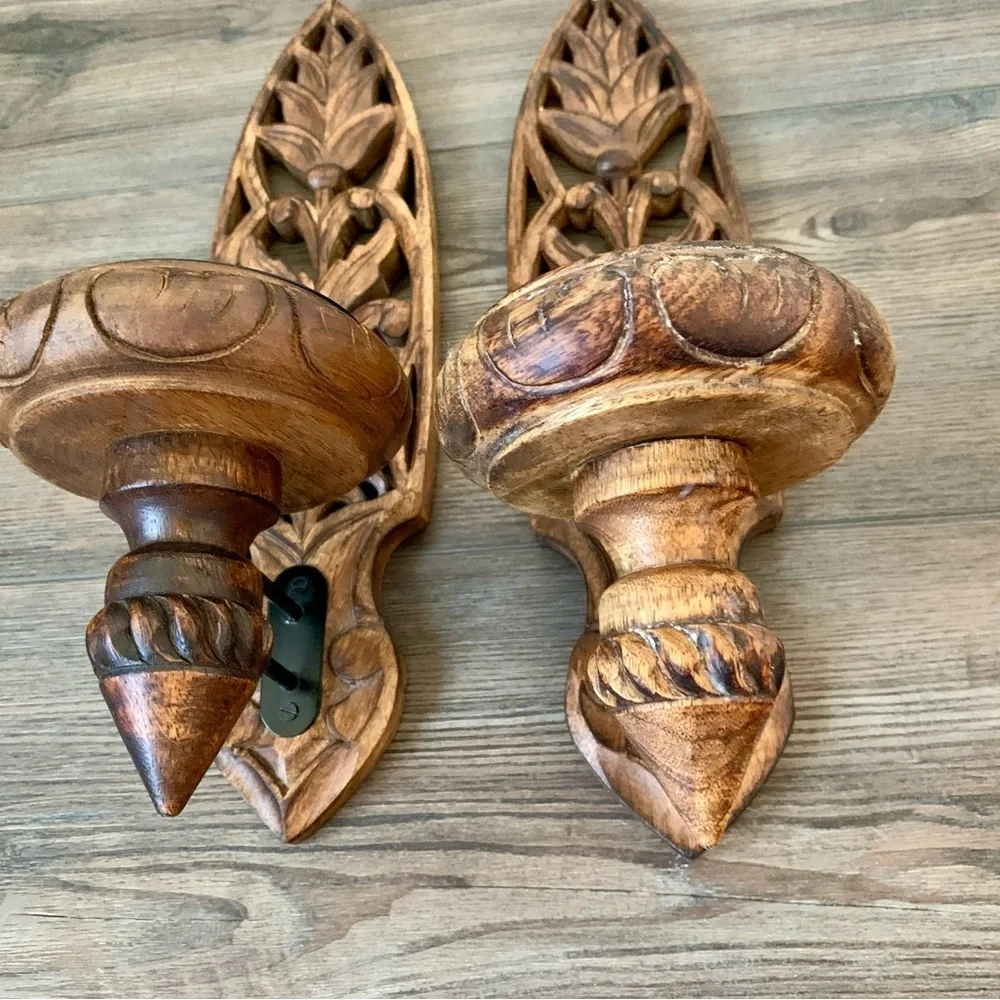 Vintage Pair Of Hand carved Wooden Ornate Wall Candle Holders
